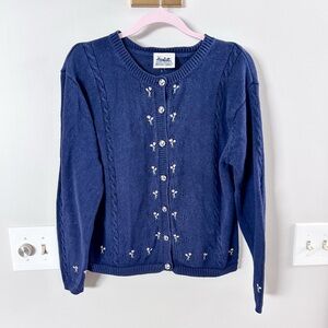 Women's Vintage Navy Blue Cardigan Sweater with Flower Embroidery